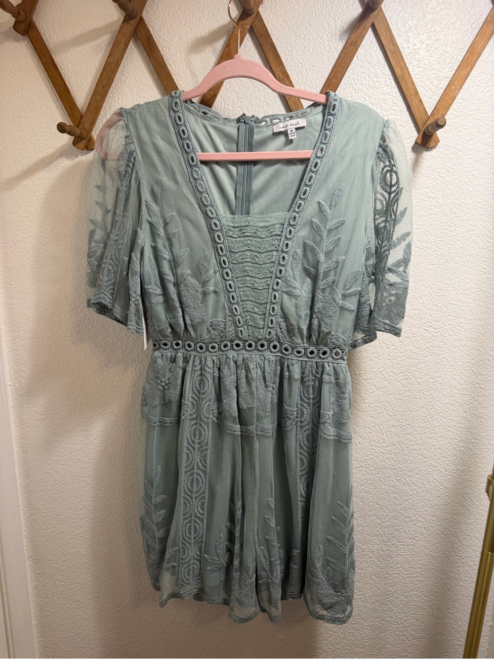 white birch Sage Green Embroidered Lace Mini Dress